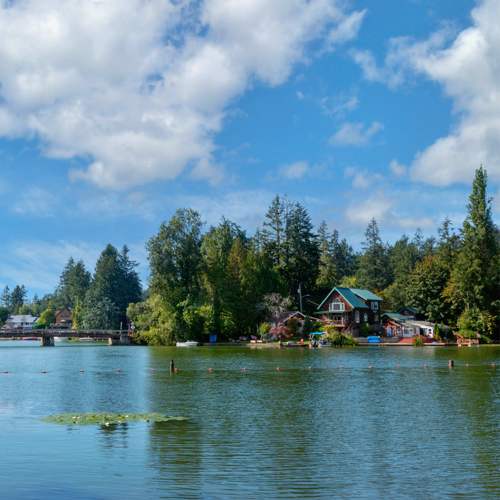 A tranquil view of Spanaway Lake in Washington, featuring waterfront homes, a wooden bridge in the distance, and lily pads floating on the calm water, showcasing the peaceful community environment where many residents and visitors search for a dispensary near Spanaway.