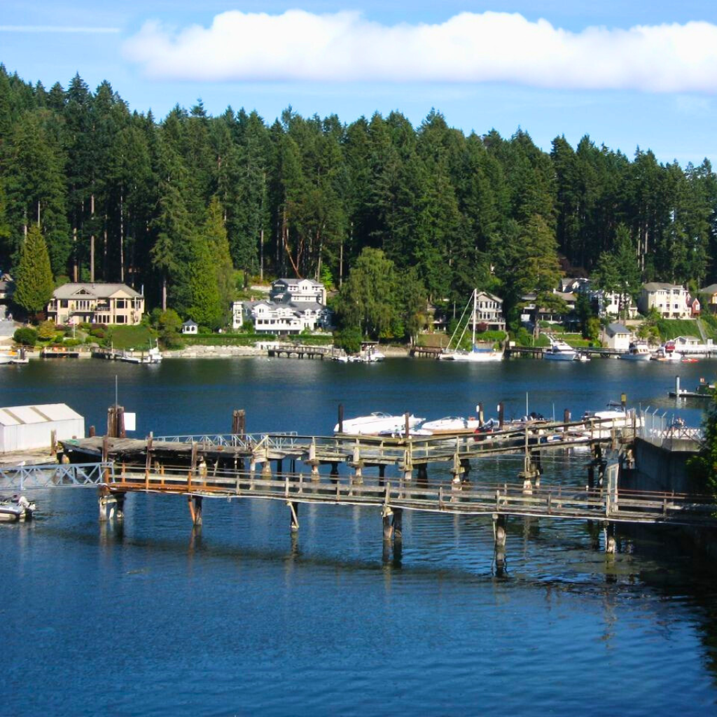 A peaceful view of the Gig Harbor waterfront in Washington, with a marina full of boats, rustic docks, and charming houses nestled among tall evergreen trees—showcasing the serene coastal town where locals and visitors alike search for a dispensary near Gig Harbor.