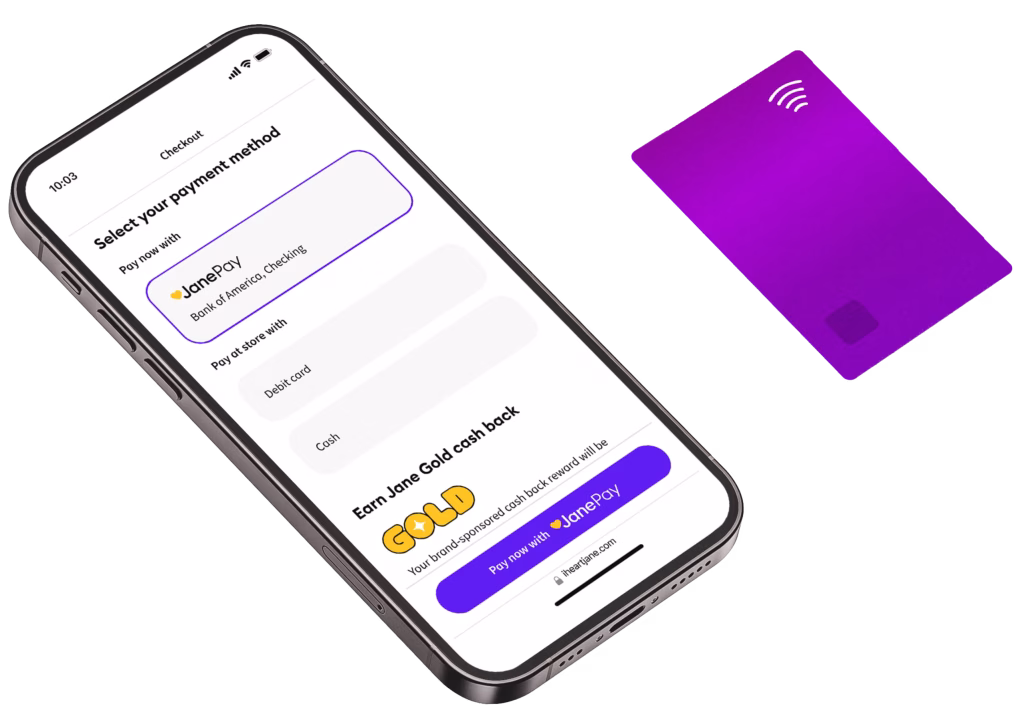 Smartphone screen showing JanePay checkout payment options with a purple contactless payment card